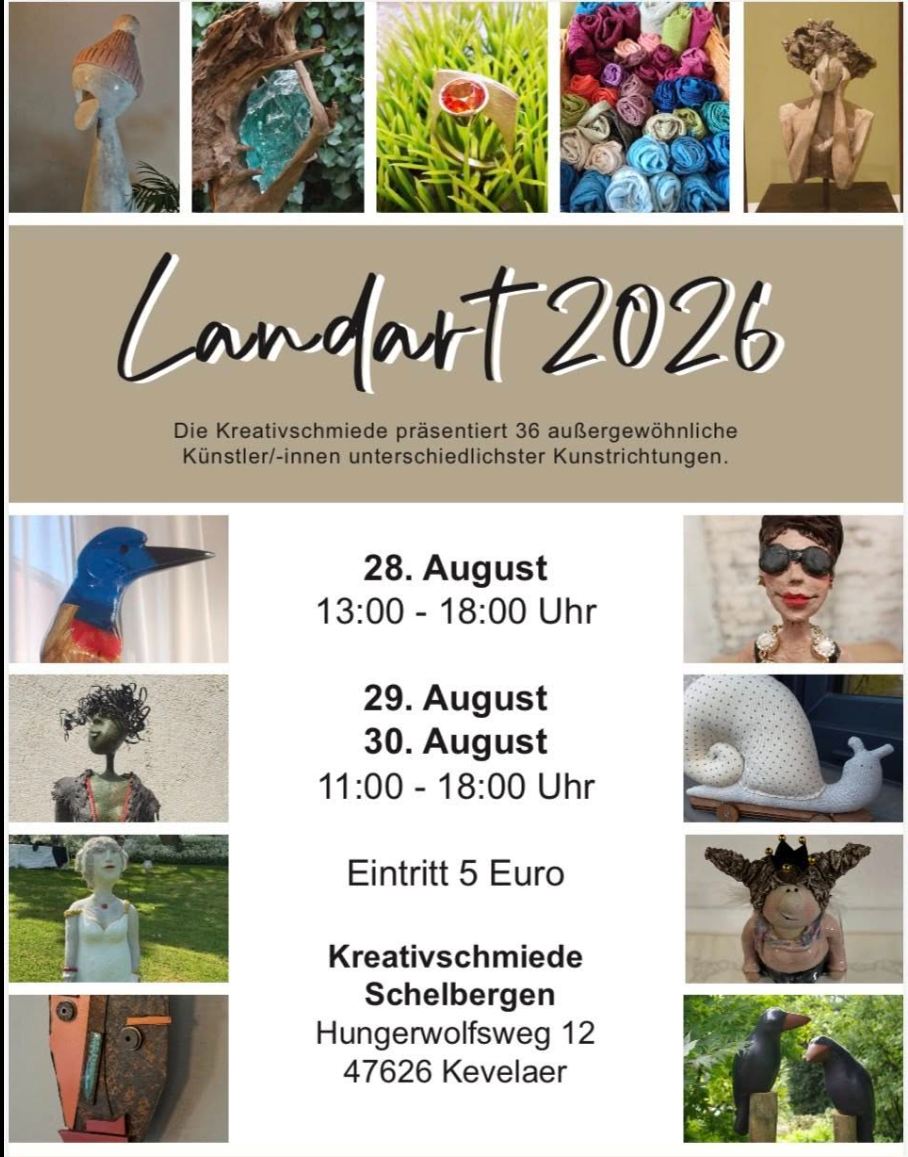Flyer für die Kunstausstellung Land Art 2026 in der Kreativschmiede Schelbergen in Kevelaer mit Terminen und Uhrzeiten.